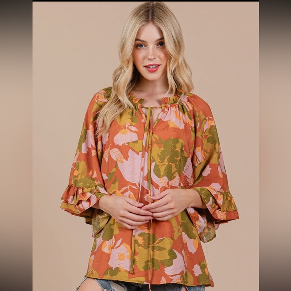 Boho Floral Print Split Mock Neck Blouse - Picture 3 of 5
